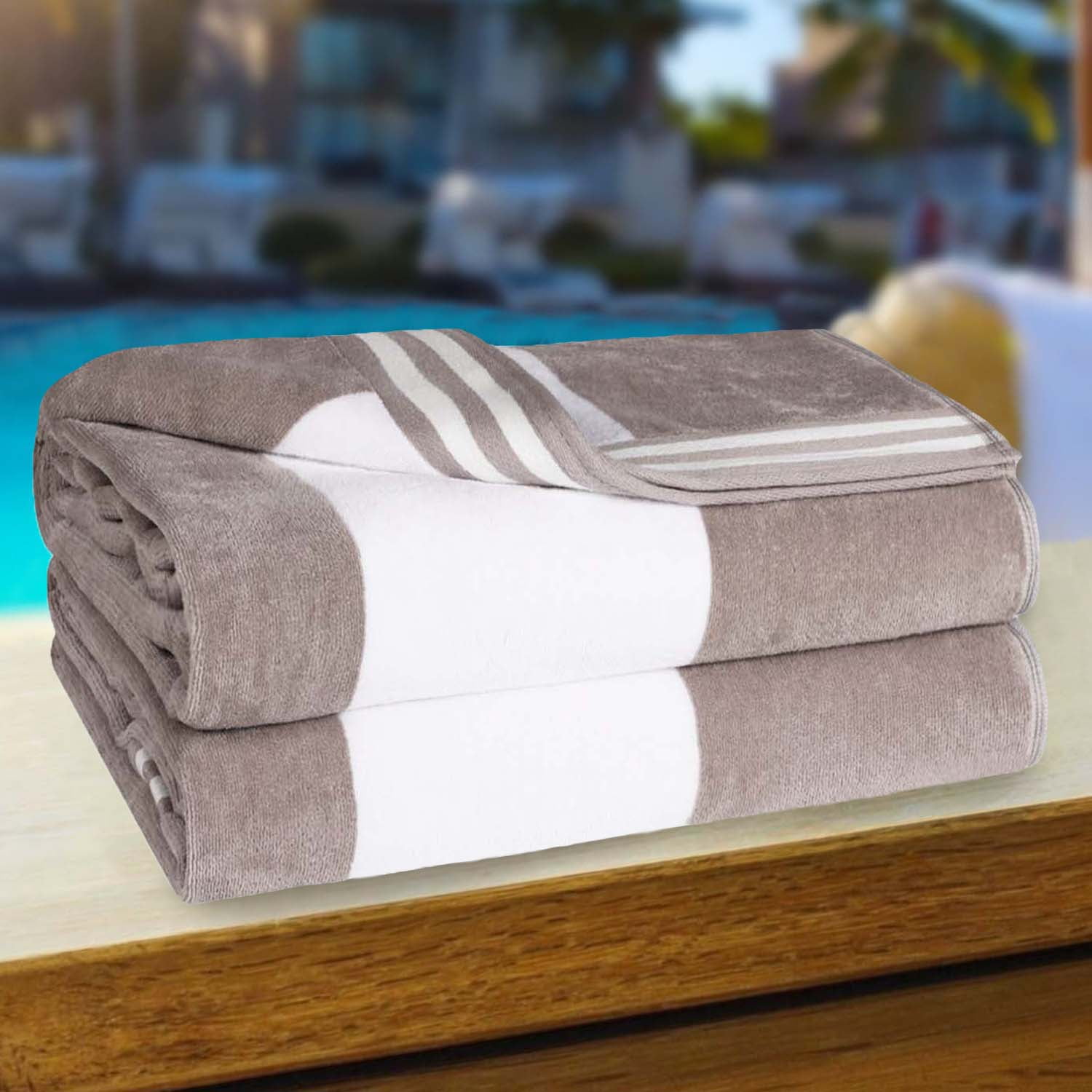 Superior Cabana Striped 2-Piece Oversized Cotton Beach Towel Set, Light Grey
