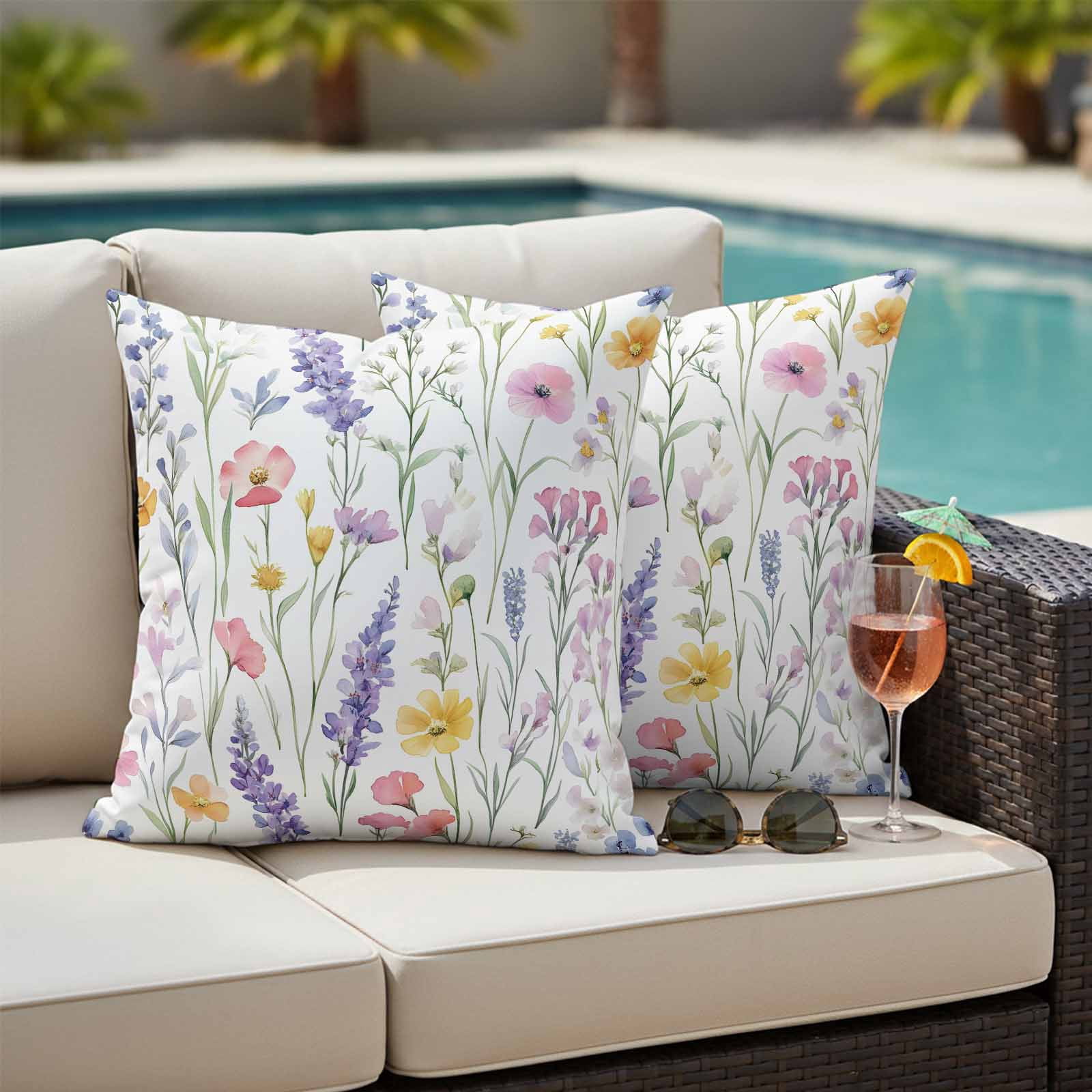 Spring Flower Pillow Covers 2 Pack Watercolor Retro Lavender Plant Wildflower Pillowcase Waterproof Outdoor Throw Pillow Cover for Patio Garden Square Cushion 24”x24”