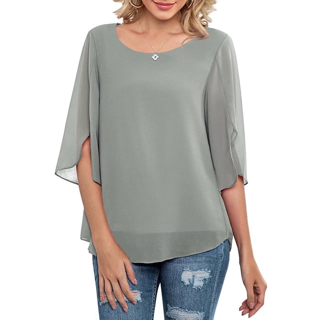 Blusa de gasa para mujer, Top de cuello redondo para mujer, Top informal de gasa de media manga, Top de gasa de media manga, construcción robusta