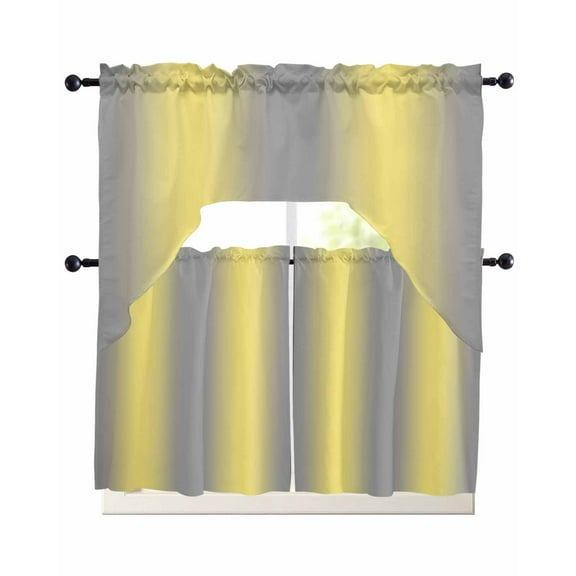 Yellow Ombre Kitchen Curtains Sets 24 Inch Length with Valance, Farmhouse Grey Modern Art Swag Valances and Tiers Curtain Set Drapes Swag Curtains for Living Room, Bathroom, Bedroom, Cafe