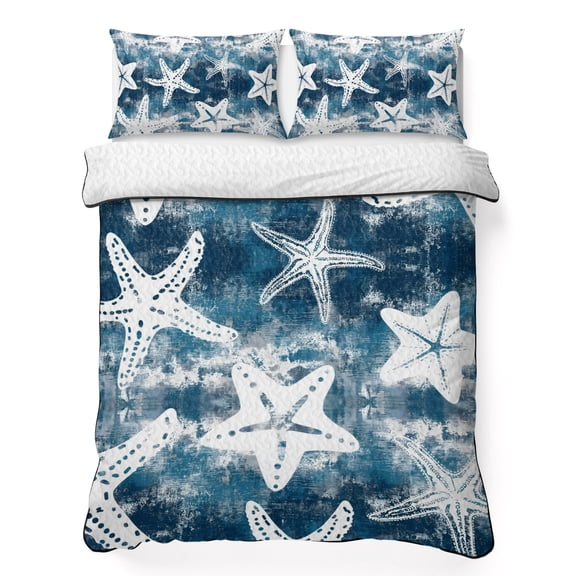 Quilts Twin Size Bedding Set, Nautical Coastal Lightweight Quilted Comforter, Vintage Sunmmer Ocean Starfish Deep Blue Soft Reversible Bedspread Coverlet with Pillow Covers for All Season, 68" x 86"
