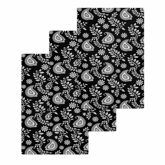 Black Paisley Kitchen Dish Towels for Drying Dishes Set of 3, Ethnic Vintage Floral Botanical Abstract Waffle Weave Microfiber Hand Tea Bathroom Towels Quick Dry & Absorbent Towel 15.7x23.6