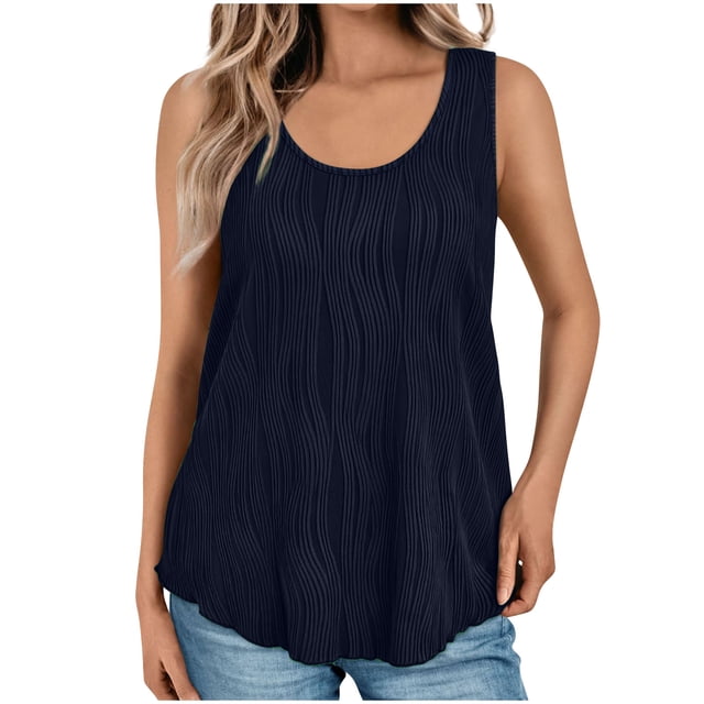 fatyb Tank Tops Womens Casual Textured Stretch Sleeveless T Shirts Summer Crew Neck Solid Color Blouses