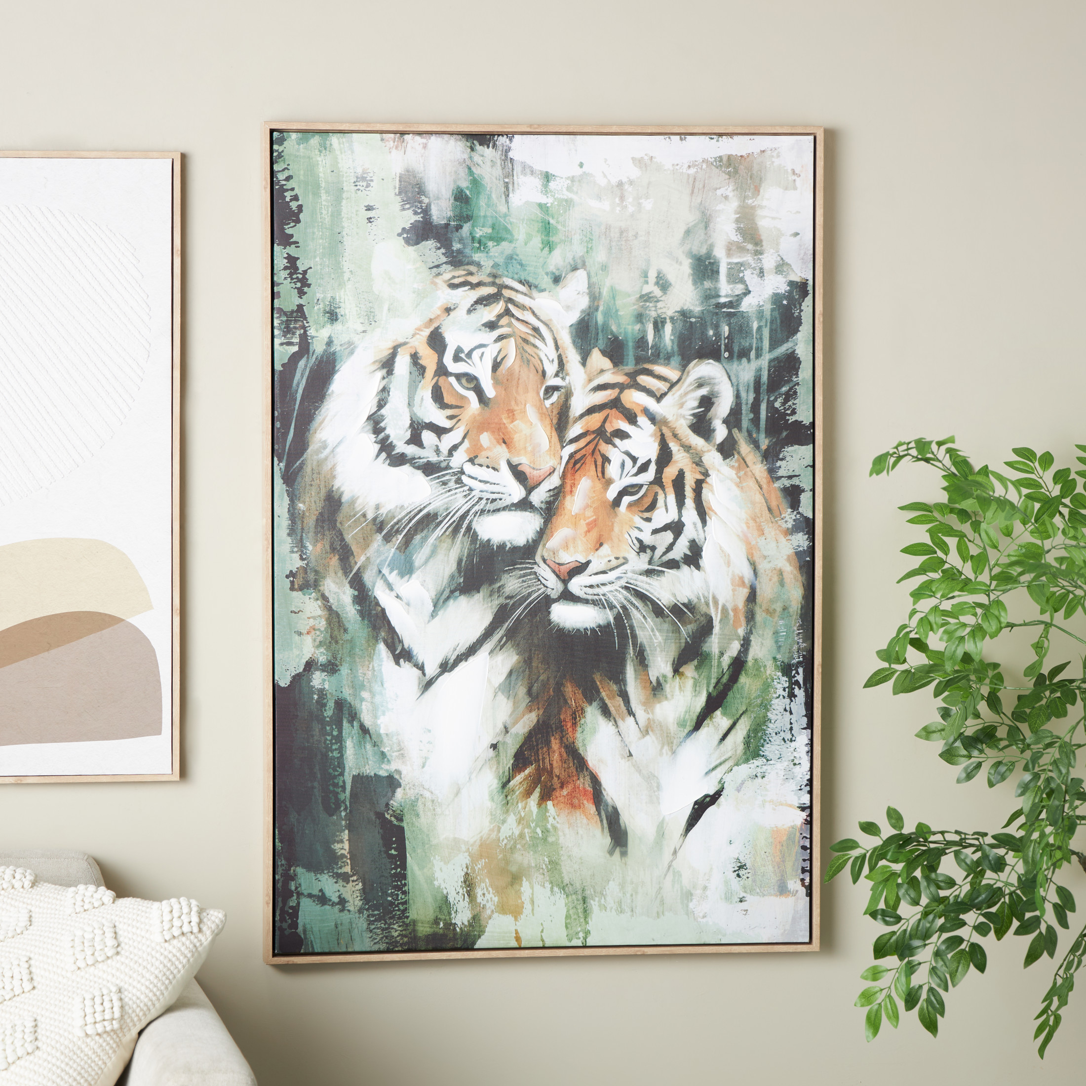 33" x 49" Shaded Tiger Framed Wall Art with Green Accents, by DecMode