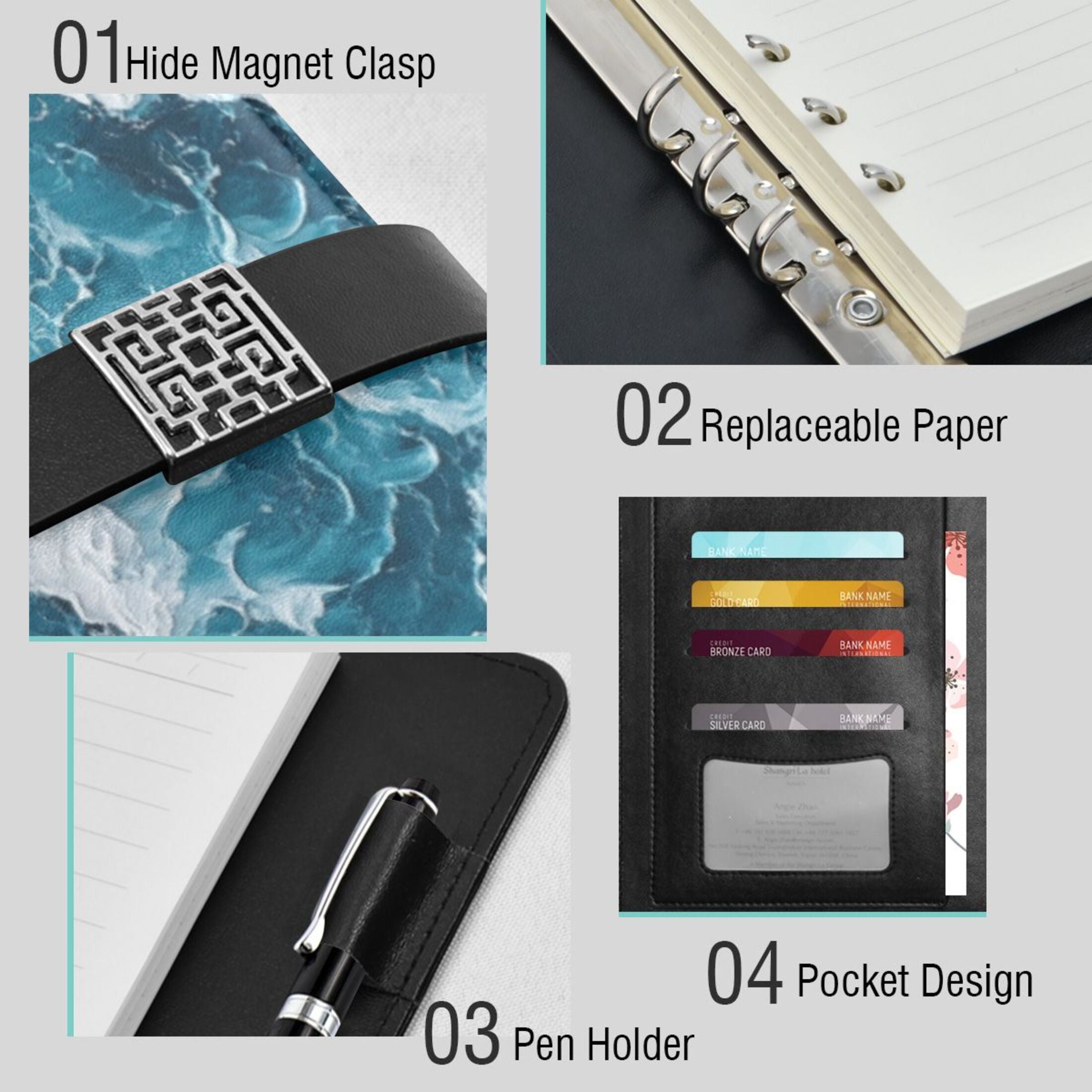 Leather Planner Leather Notebook Notebook Journal Binder Design Pen Pocket Design Convenient for Storage Blue Ocean Pattern