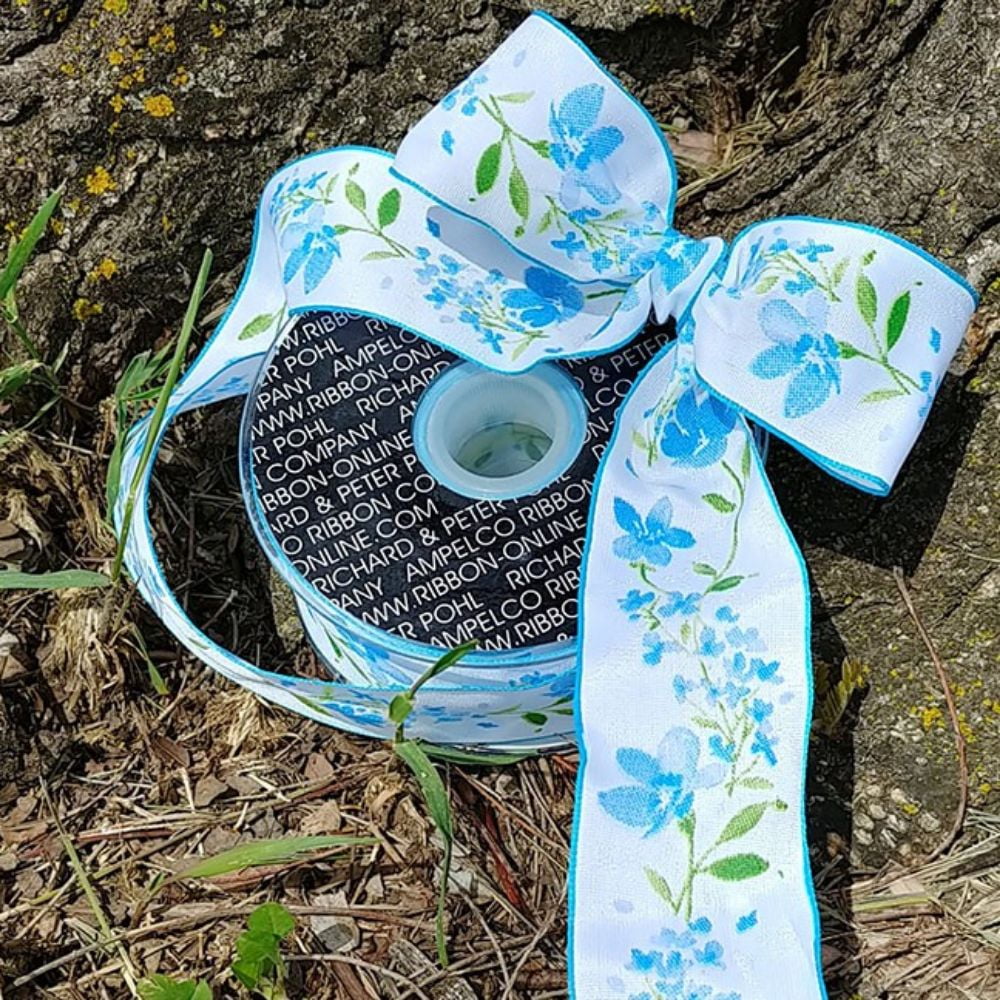 Blue and White Floral Ribbon 1.5" x 27 Yards