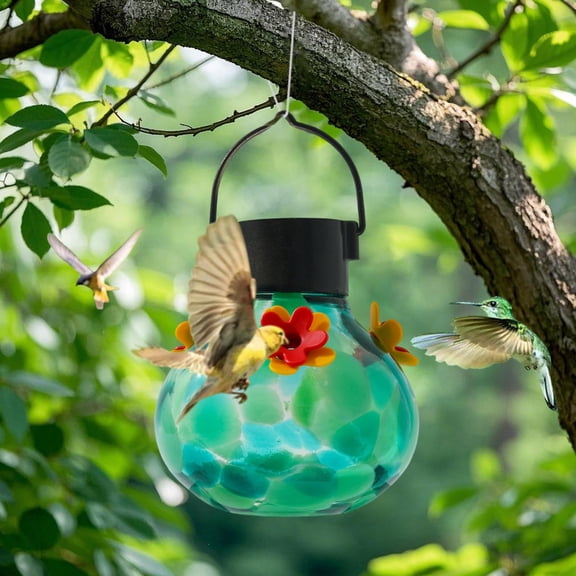 RYDCOT Hummingbird Feeder with Solar Lights for Outdoor Hanging, Hand Blown Glass, Suitable for Courtyards and Gardens, Gift for Parents