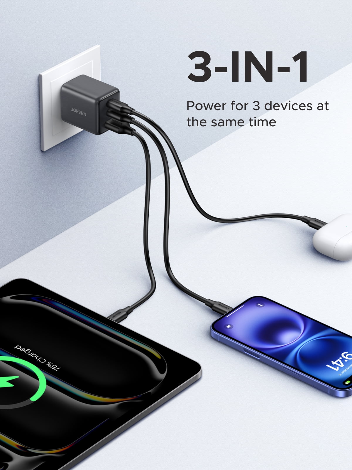 UGREEN 30W USB C GaN Charger with 3 Ports, Fast Wall Charger Block for Cell Phone and Tablet, Black