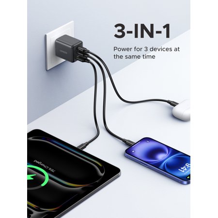 UGREEN 充電器 type-c 30W (2*USB-C+1*USB-A) 【PSE技術基準適合/PD3.0対応/30W急速充電/コンパクト】 GaN アダプター iphone17/16/15/14/13/iPad/Ga