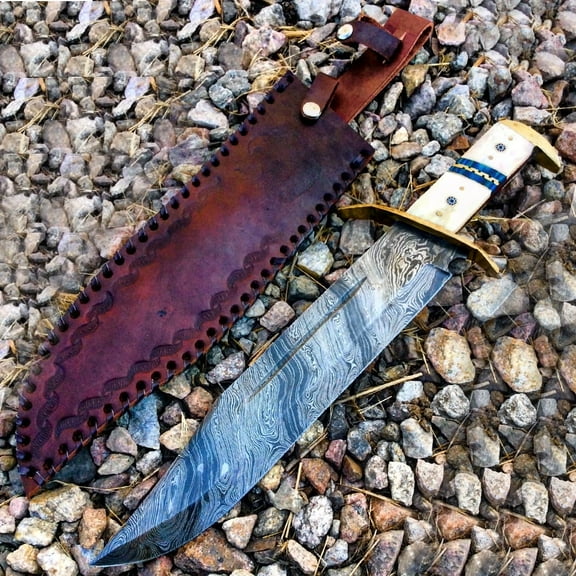 TheBoneEdge 16.5" Damascus Blade Horn Handle Hunting Knives with Leather Sheath