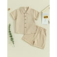 thumbnail image 2 of Toddler Boy Summer Cotton Linen Outfits Solid Color Short Sleeve Button Down Shirt Tops with Shorts, 2 of 8