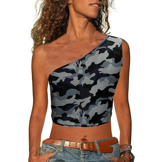 Womens Print Tank Crop Tops Sleeveless One Shoulder Shirt Summer Sexy Tees