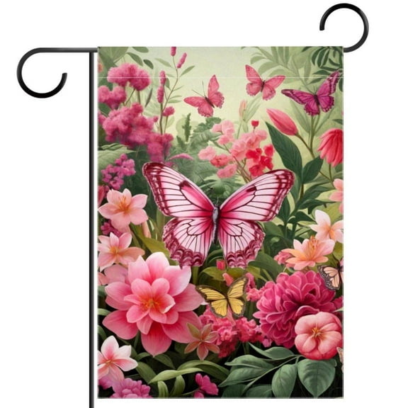 Spring Pink Flowers Butterfly Jungle Pattern Double Sided Garden Flag Decorative Weather Resistant Yard Flag, Large DIY Vertical Flag for Farmhouse Patio Lawn, 28x40 Inch
