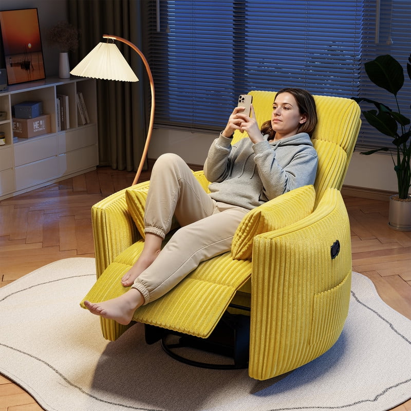 Homall 360° Power Swivel Recliner High Back Adult Rocker Recliner Chair with 2 Pillows for Nursing Expectant Mothers,Corduroy Yellow