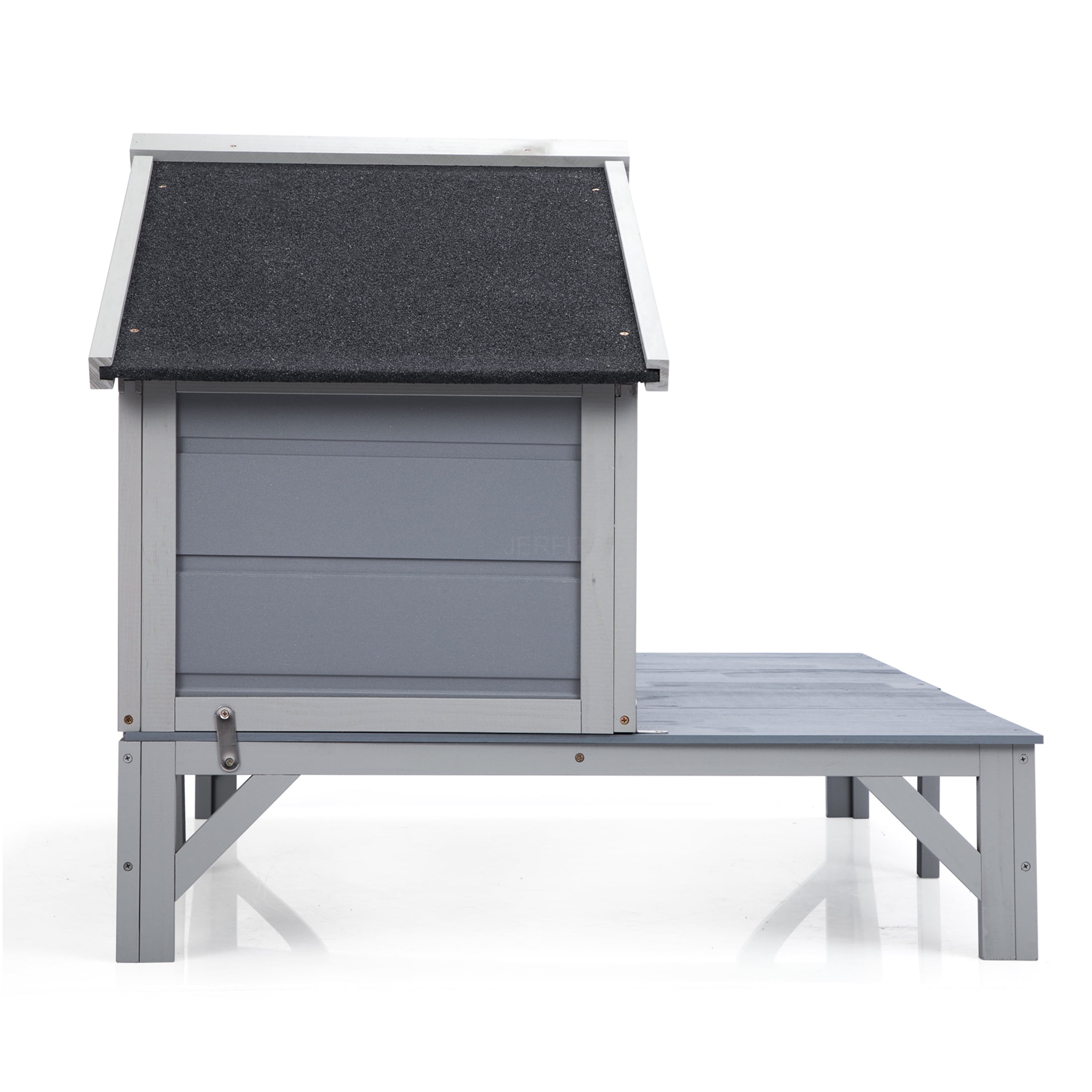 JERFIT All Weather Gray Wooden Cat House & Outdoor Enclosure with Lockable Door, Cozy Fringe Curtains for Large Cats & Kittens