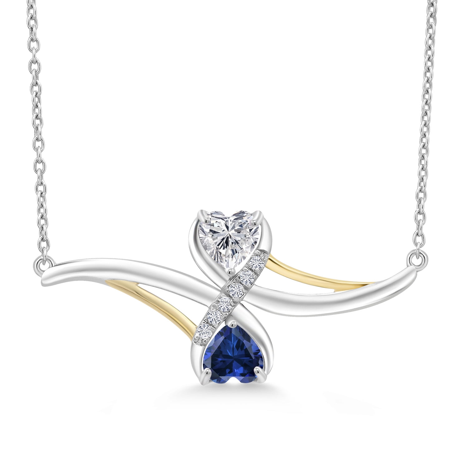 Gem Stone King 925 Silver and 10K Yellow Gold Lab Grown Diamond and Blue Created Sapphire Pendant Necklace for Women | 1.00 Cttw | Gemstone April Birthstone | Heart Shape 5MM | With 18 inch Chain
