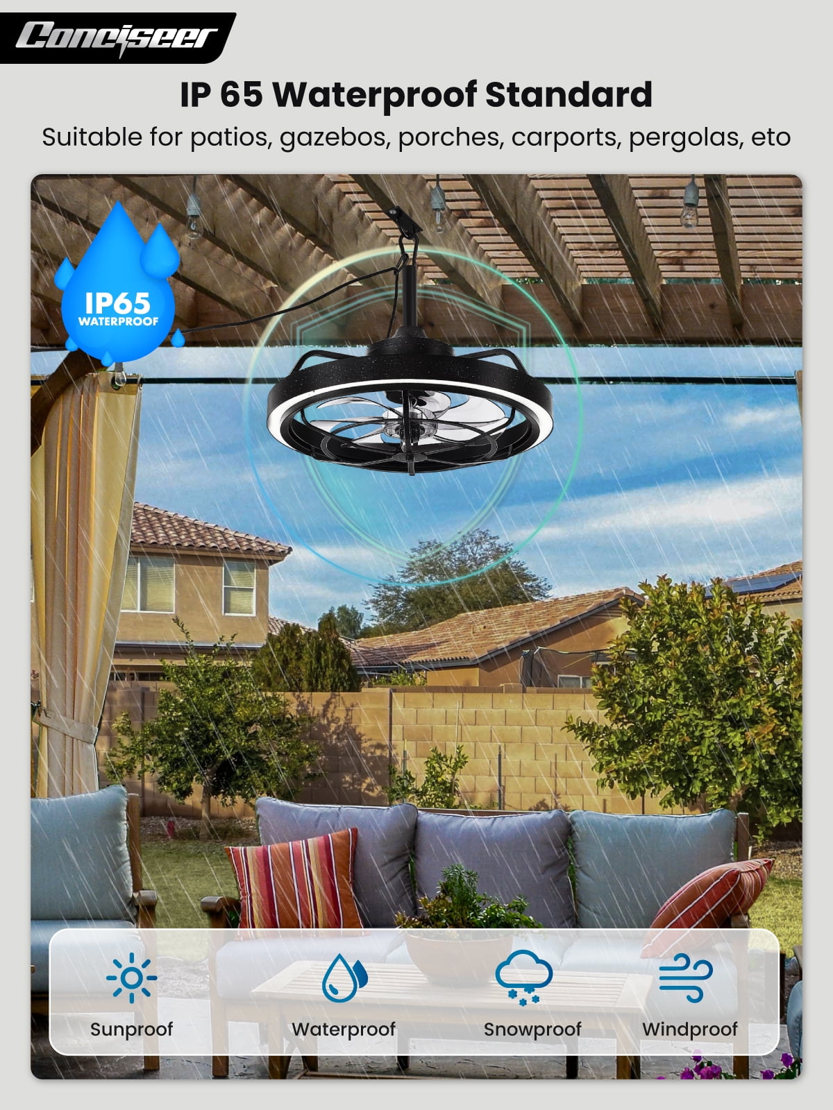 Outdoor Ceiling Fan with Light for Patio, 20" Waterproof All-Weather Plug-in Hanging Fan, Smart APP/Remote Control, 3CCT Dimmable LED, Caged Design for Gazebo, Pergola, Porch