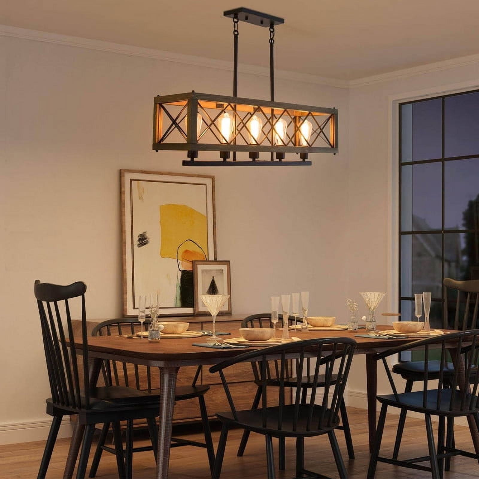LNC 32-in Rustic Wood & Black Metal 5-Light Linear Chandelier for Kitchen Island & Dining