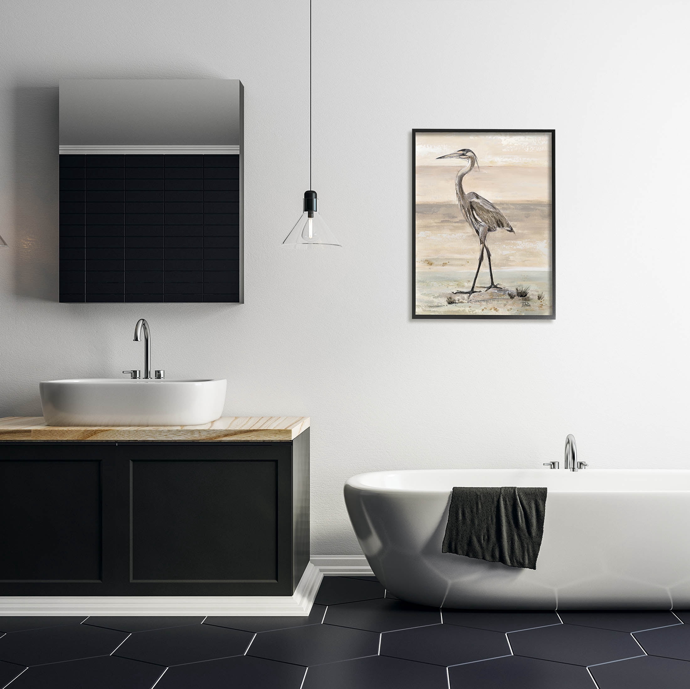 Stupell Industries Crane Bird Beach Shore Painting Black Framed Art Print Wall Art, Design by Patricia Pinto