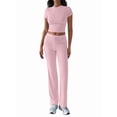 thumbnail image 2 of Women'S 2 Piece Lounge Sets Short Sleeve Tops Fold-over Flare Pants Casual Outfits Matching Set Light Pink L, 2 of 6