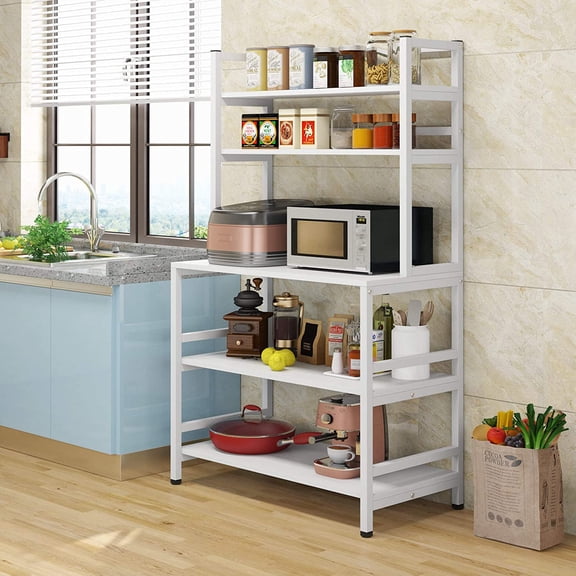 5-Tier Kitchen Bakers Rack with Hutch, Industrial Microwave Oven Stand, Free Standing Kitchen Utility Cart Storage Shelf Organizer (White)