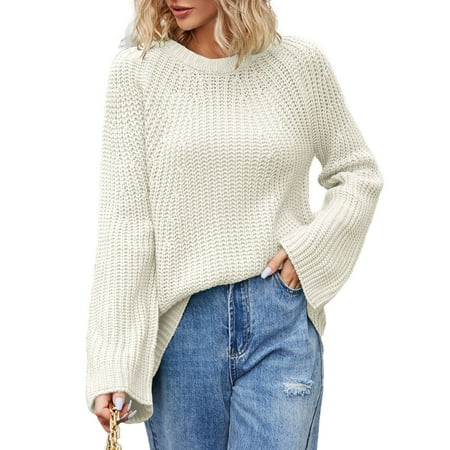 JGGSPWM Womens Solid Sweaters Crew Neck Long Sleeve Sweatshirt Cute Tops Junior s Pullover Basic Jumper Beige L