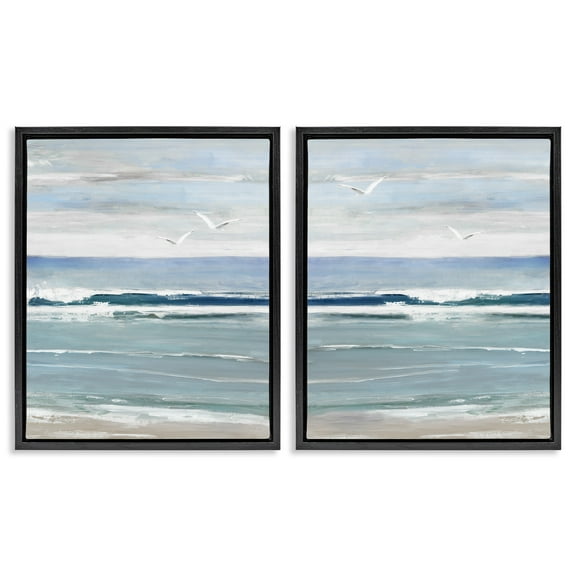 Stupell Industries Seagulls over Beach Waves Landscape Painting Black Floater Framed Canvas Art Print Wall Art, 17 x 21, Set of 2