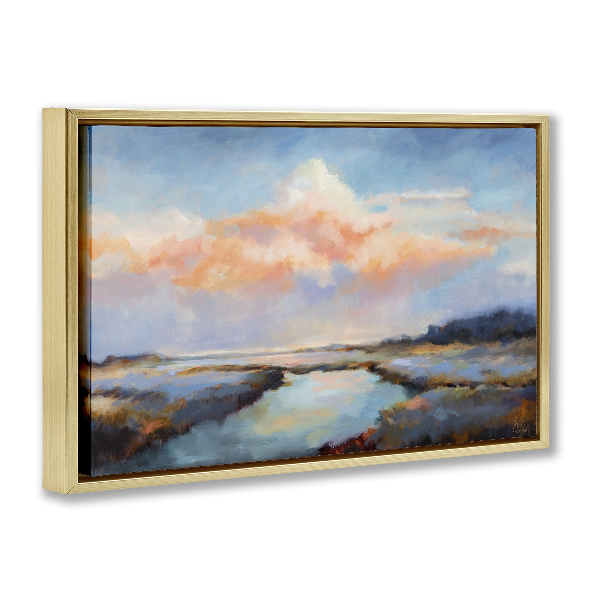 Stupell Industries River with Pastel Clouds Landscape & Nature Painting Gold Floater Framed Canvas Art Print Wall Art, 31 x 21