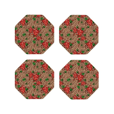 

Matuu Rose Mix Leopard 1 for Cup Coasters Set of 4 Leather Coasters Desk Coasters for Office Measures 4” x 4”-Octagon