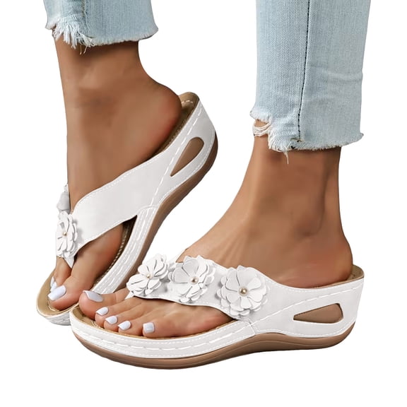 Modstep Sandals for Women Orthopedic Wedge Shoes Comfortable Dressy Summer Flower Flip Flops with Arch Support Non Slip Slides White 9