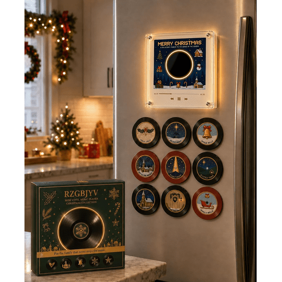 Christmas Vinyl Player Fridge Record NFC Magnetic Music Box Set – 9 Mini Programmable Records, Magnetic Music Player with Retro LED, Customizable Audio Gift