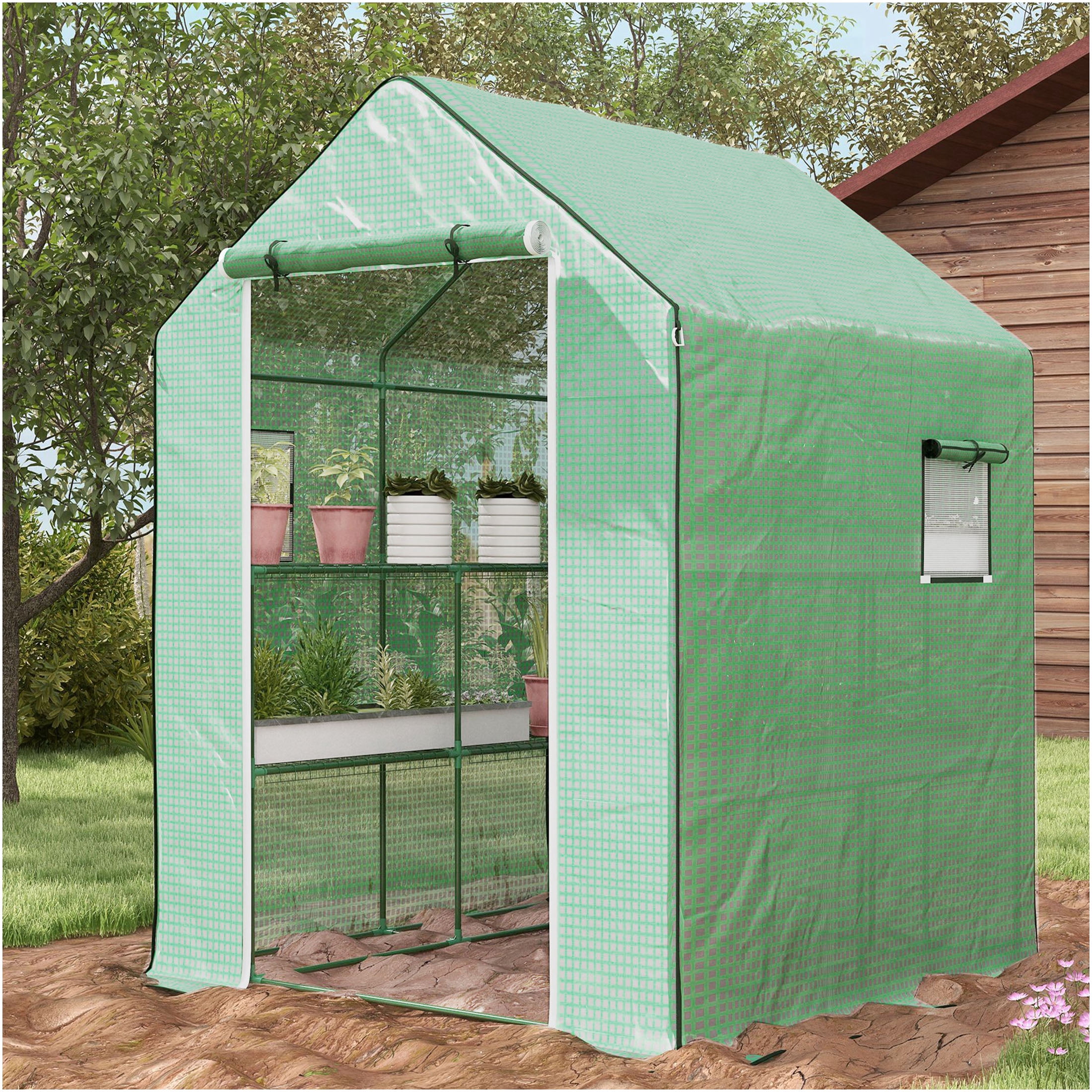 JERFIT Walk-In Portable Greenhouse with Shelves, UV & Water Resistant Outdoor Garden Greenhouse for Plants, Ventilation Windows & Roll-Up Door, Green