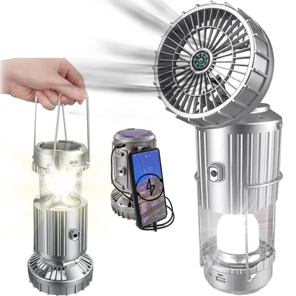 5-in-1 Camping Lantern - Solar/USB Rechargeable LED Light with Fan
