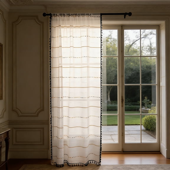 Btomtd Semi Sheer Linen Curtains with Black Tassels, 39 x 79 inch, 1 Panel, Geometric Striped Light Filtering Blackout Curtains (White)