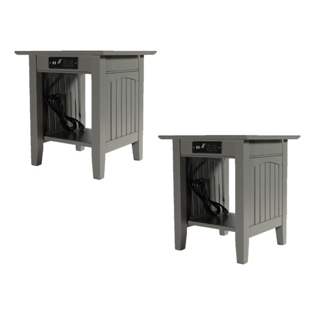AFI Table d'Appoint en Bois Massif Nantucket avec Chargeur USB Ensemble de 2 Gris