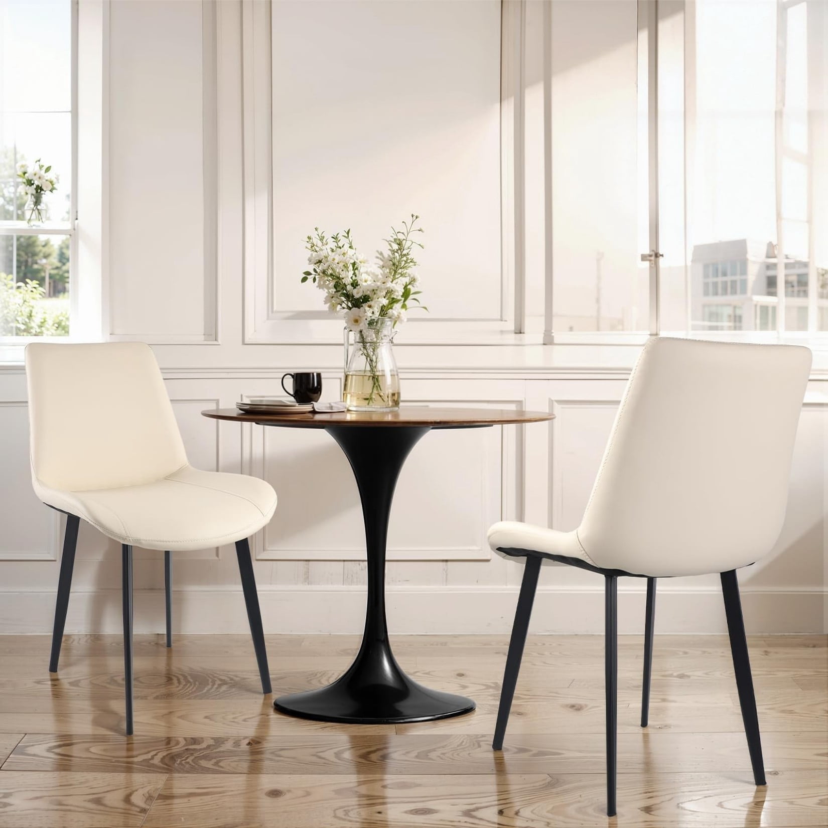 Dining Chairs Set of 4, Cream White PU Leather Upholstered Kitchen Dining Chairs with Carbon Steel Legs, Modern Armless Accent Chairs for Dining Room, Kitchen, Restaurant & Meeting Room