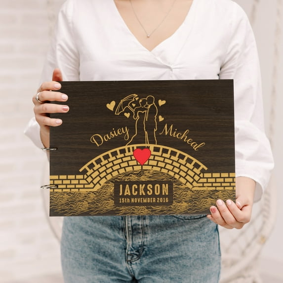 Darling Souvenir Personalized Engraved Laser Cut Wedding Guest Book Wooden Cover Sign-in Book Registry Guestbook Scrapbook-ZB