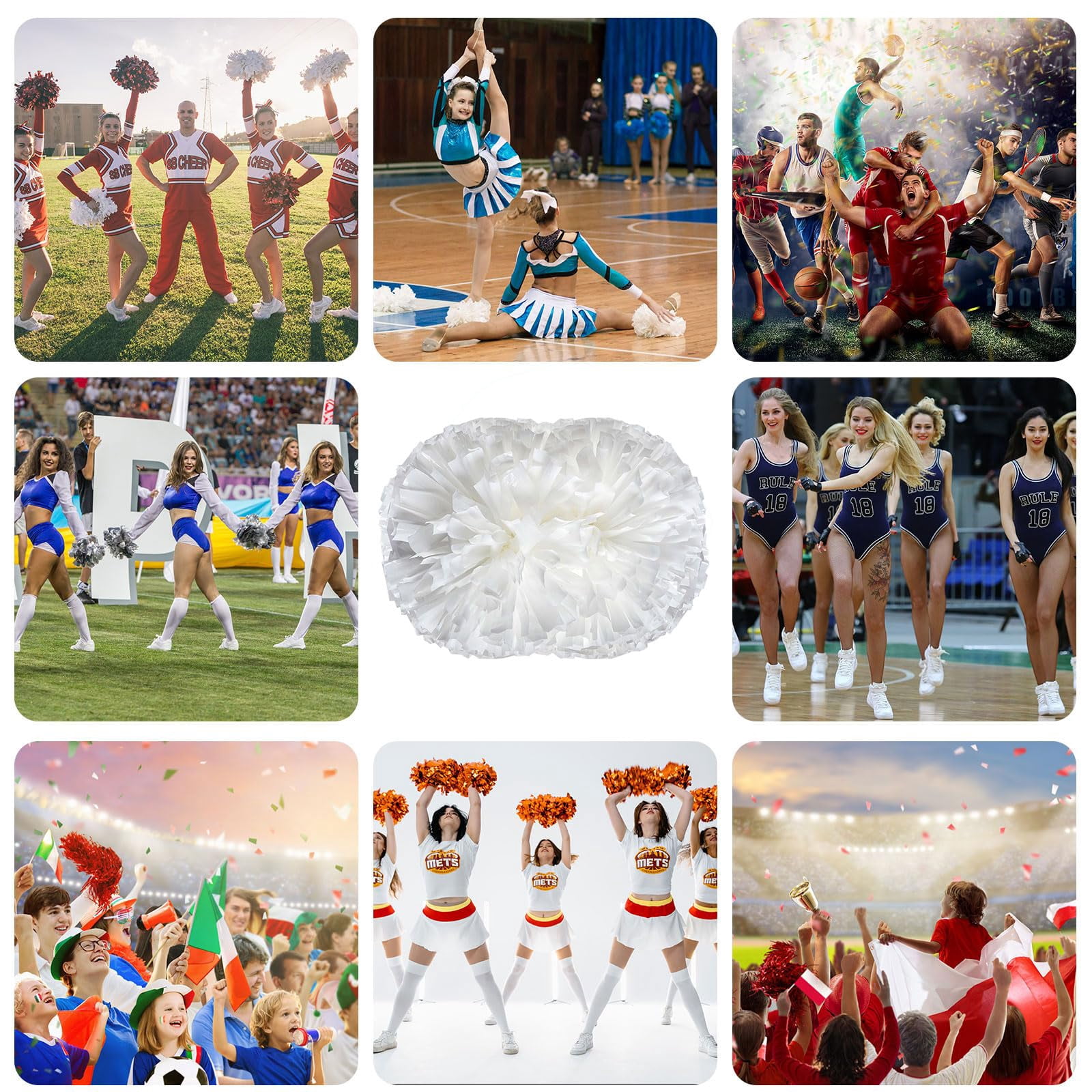 Cheer Pom Poms 8 Pcs with Handle, Cheerleading Handheld Squad Pompoms for Sports Team Cheer Spirit Games Dance Party Adults