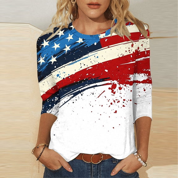 Lorytime 4th of July Outfits for Women Patriotic Graphic Tops Red White and Blue Wear 3/4 Sleeve Holidays Clothes 5XL