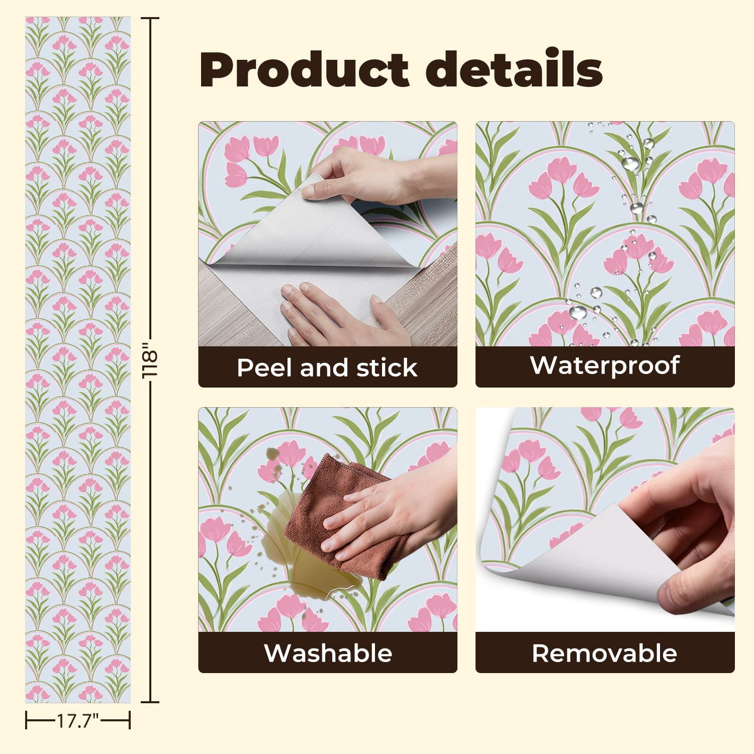 Peel and Stick Wallpaper Pink Tulip Floral Green Leaves Arched Design Light Blue Wall Mural 17.7in x 9.8ft Self Adhesive Removable Wall Paper Renter Friendly Wallpaper for Nursery Bedroom Cabinets