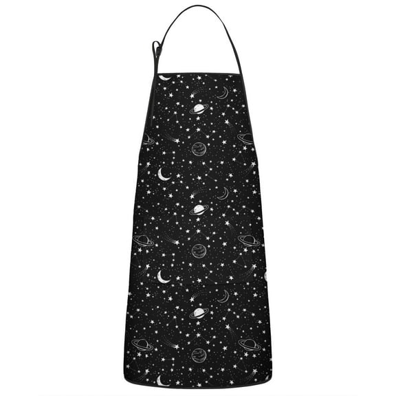 Black Star Planet Moon Pattern Apron-Garden Aprons for Women with Pockets-Cotton Linen Waterproof Kitchen Cooking Gardening Aprons Adjustable for Kitchen,Cooking,BBQ and Salon 33x27 Inch
