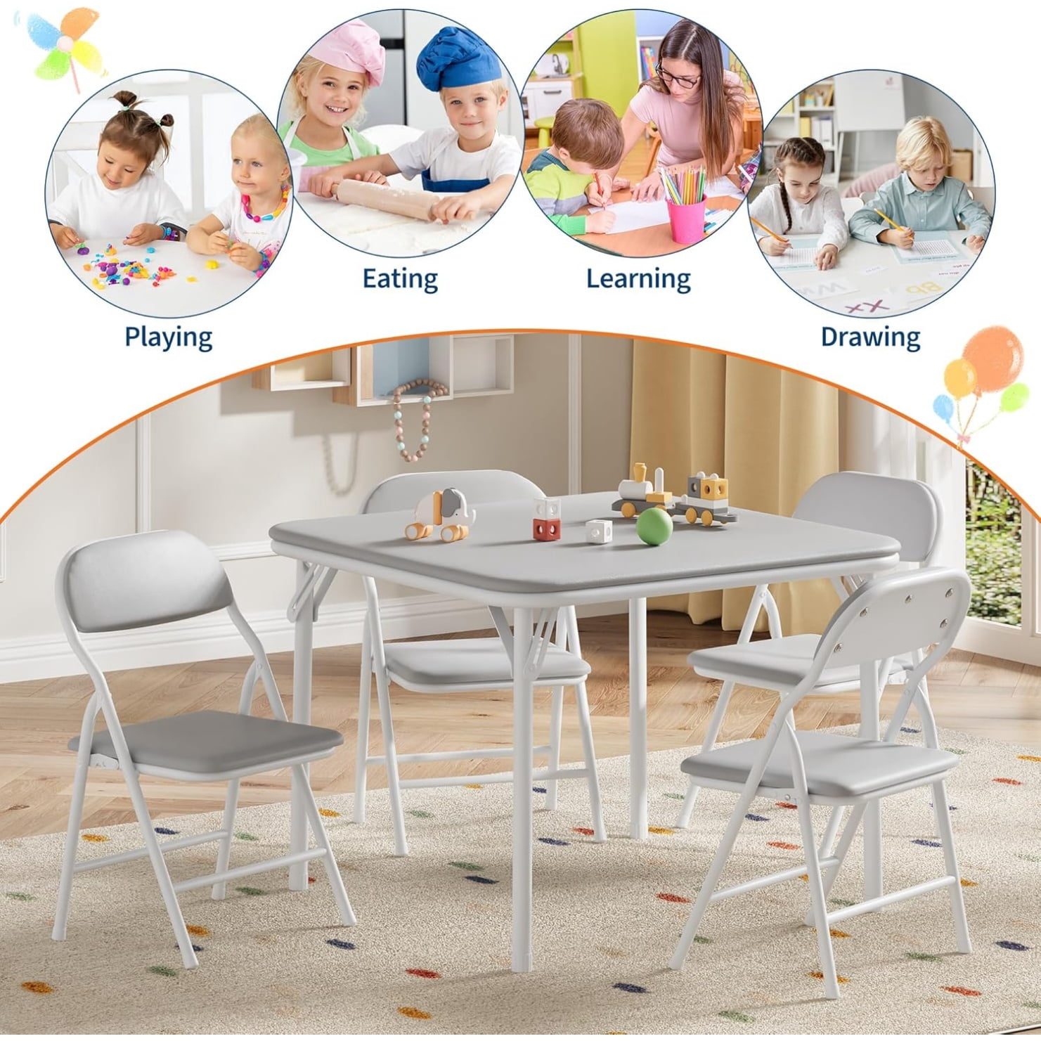 3/5 Piece Kids Folding Table and Chairs Set, Toddlers Boys Girls Games Table and Chairs Set, Activity Table and Chairs Set for Dining Room,Daycare,Classrooms
