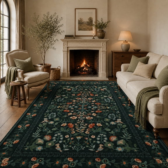 Moynesa 8'x10' Area Rug, Machine Washable Rugs Ultra-Soft Non Slip Low Pile Rugs for Living Room Bedroom Nursery Kitchen Dining Room Indoor, Vintage Botanical Pattern Carpet, Black