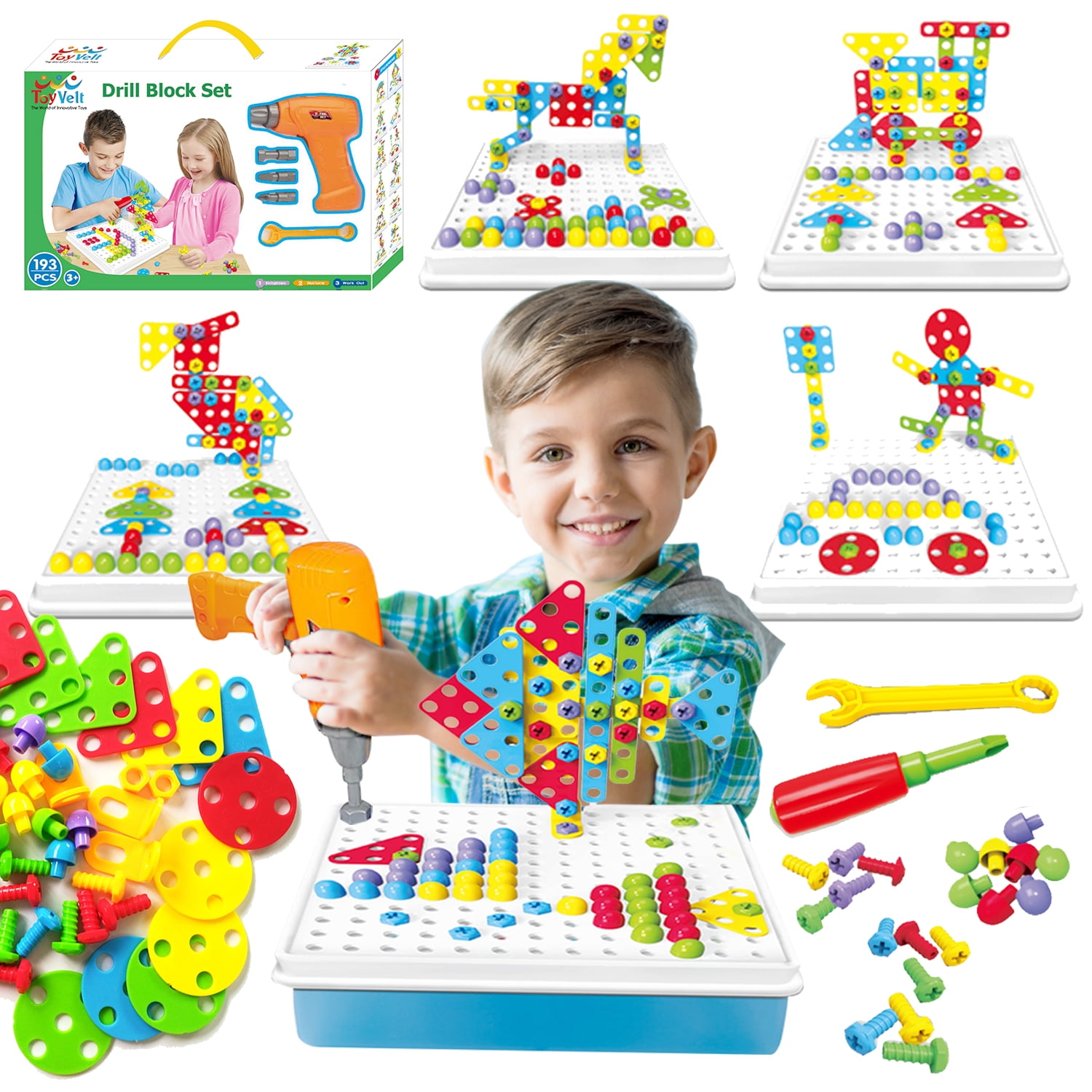 DIY Educational Puzzles with Storage Box for Boys and Girls HAPTIME STEM Learning Toys Construction Engineering Building Block Games with Toy Drill & Screw Driver Tool Set 181 Drill Puzzles 