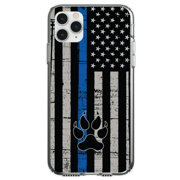 DistinctInk Clear Shockproof Hybrid Case for iPhone 12 / 12 PRO (6.1" Screen) - TPU Bumper, Acrylic Back, Tempered Glass Screen Protector - Thin Blue Line US Flag K9 Dog Paw - First Responders