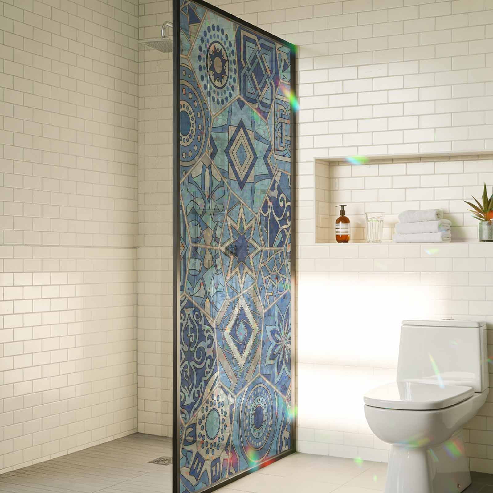 Boho Geometric Window Privacy Film Stain Glass,Reusable Decorative Rainbow Window Film,Country Tribe Abstract Ethnic Aesthetic Static Cling Sun Blocking Stickers Decals Covers 23.6" x 78.7" (2pcs)