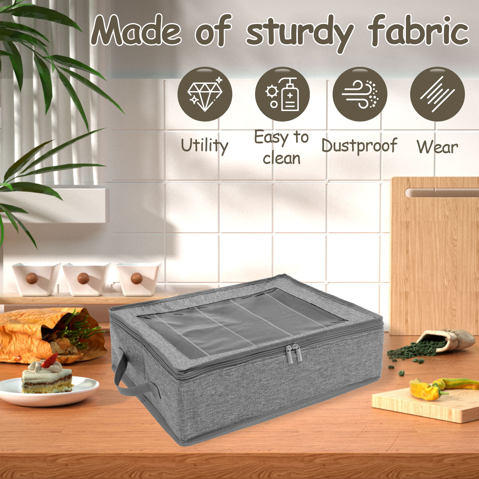 Flatware Organizer with Lid, Fabric Silverware Travel Container with Handles, 5-Compartment Cutlery Holder for RV Camping, Gray