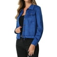 thumbnail image 4 of INSPIRE CHIC Women's Faux Suede Jacket Point Collar Button Down Cropped Sanded Moto Biker Coat S Royal Blue, 4 of 6
