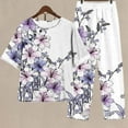 thumbnail image 2 of Atogsazn Womens Linen Cotton 2 Piece Outfits Summer Casual Vintage Floral Print Short Sleeve Tops Wide-Leg Pants Suit Sets Purple M on Clearance, 2 of 6