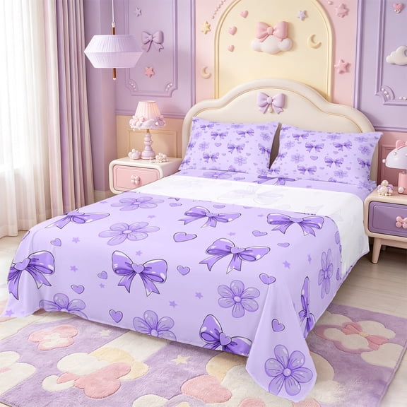 Manfei Coquette Bow Bed Sheets,Purple Dreamy Bowtie Full Size Sheets,4-Piece,1 Flat Sheet,1 Fitted Sheet and 2 Pillowcases